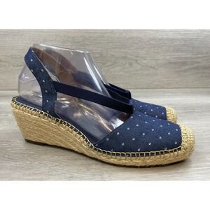 Clarks Women's‎ Sandal Denim Polka Dot 9 Espadrille Wedge Slip On Shoes
